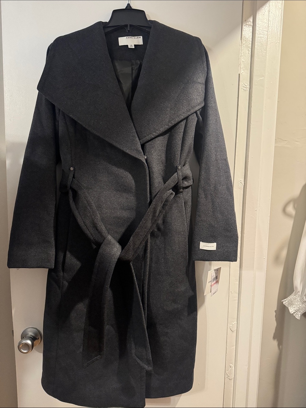 Anne Klein Black Wrap Trench Coat with Self-Tie Belt Cashmere Blend